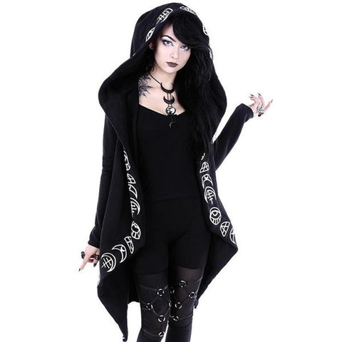 Gothic Punk Black Long Women Hoodies Sweatshirts Halloween Moon Print Long Sleeve Hoodie Women Loose Coat Hooded Sweatshirt