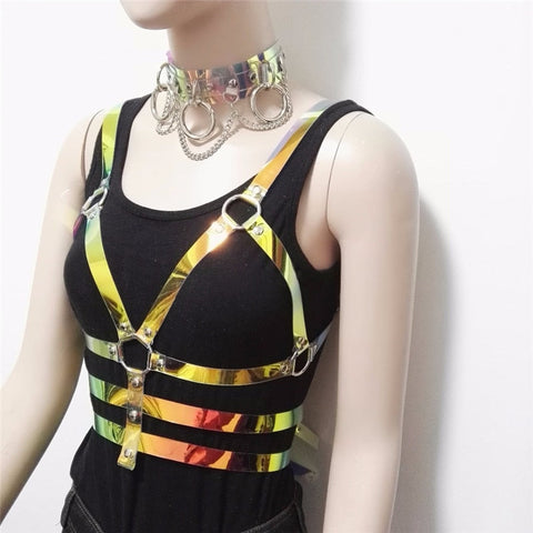 Pbong mid size graduation outfit romantic style teen swag clean girl ideas 90s latina aesthetic freaknik tomboy swaggy going out Women Laser Transparent PVC Caged Bra Body Harness Belt  Sexy Waist Belt Bondage Female Holographic Strap Top Waist Belts