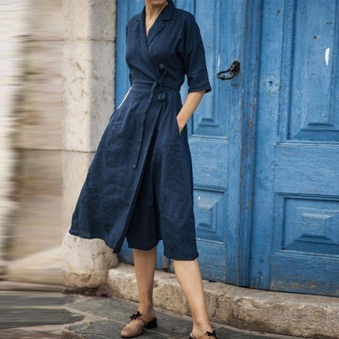 Elegant Half Sleeve Cotton Linen Party Dress Fashion Office Lady Lapel Wrap Lace-Up Long Dress Autumn Casual Pocket Solid Dress