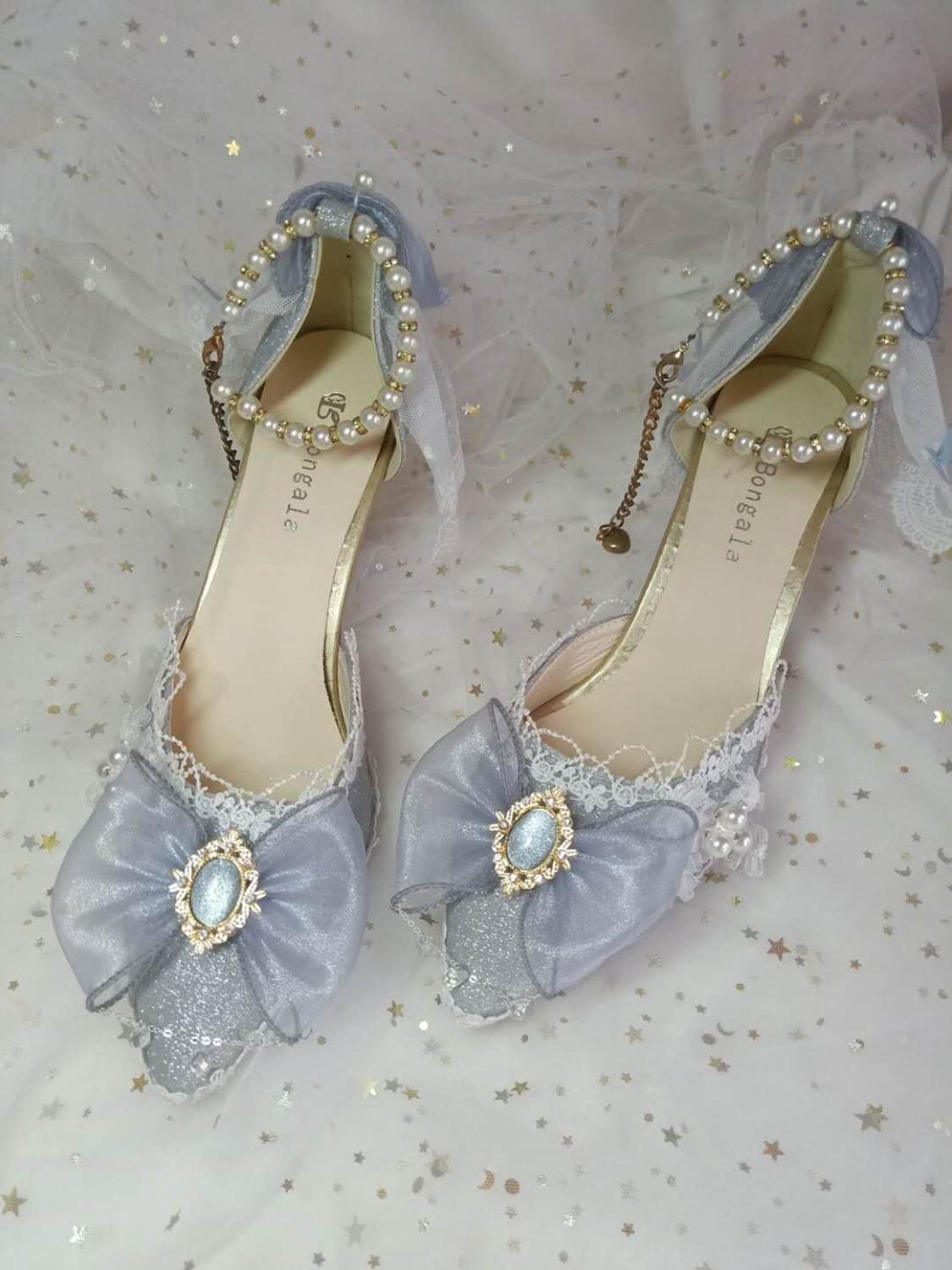 Princess kawaii shoes round head high heel Kawaii girl sweet lolita shoes pearl lace bowknot women shoes