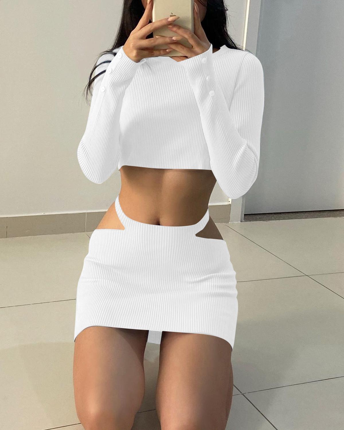 ribbed hollow out women 2 piece set crop top long sleeve button mini skirt bodycon sexy streetwear autumn winter co ords