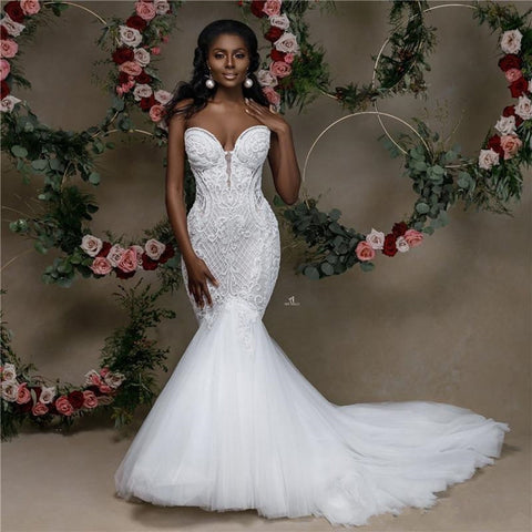 African Sweetheart Mermaid Wedding Dress New Strapless Lace Beaded Wedding Gowns Applique Bridal Dress