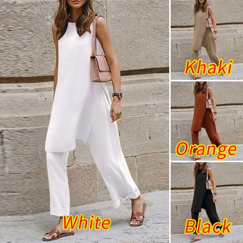 Pbong Fashion 2pcs Sets Women Asymmetrical Side Slit Sleeveless Long Tank Top Casual Folding Wide Leg Trousers Celmia Street Pant Sets