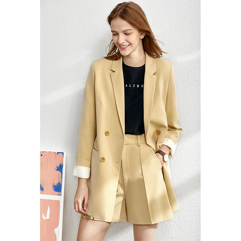 Amii Minimalism Spring Suit Female Offical Lady Blazer Women,Lace Vneck Tanks,High Waist Women's pants Female Shorts 12060909