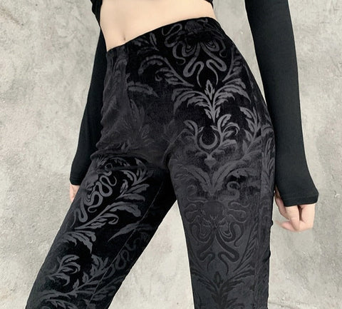 Goth Dark Vintage Floral Scratched Gothic Pants Velvet High Waist Skinny Flare Trousers For Women Autumn Winter Streetwear