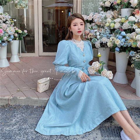 Solid Elegant Dress Women Winter Patchwork Lace Party Midi Dress Female Casual French Style Sweet Kawaii Korean Dress Women