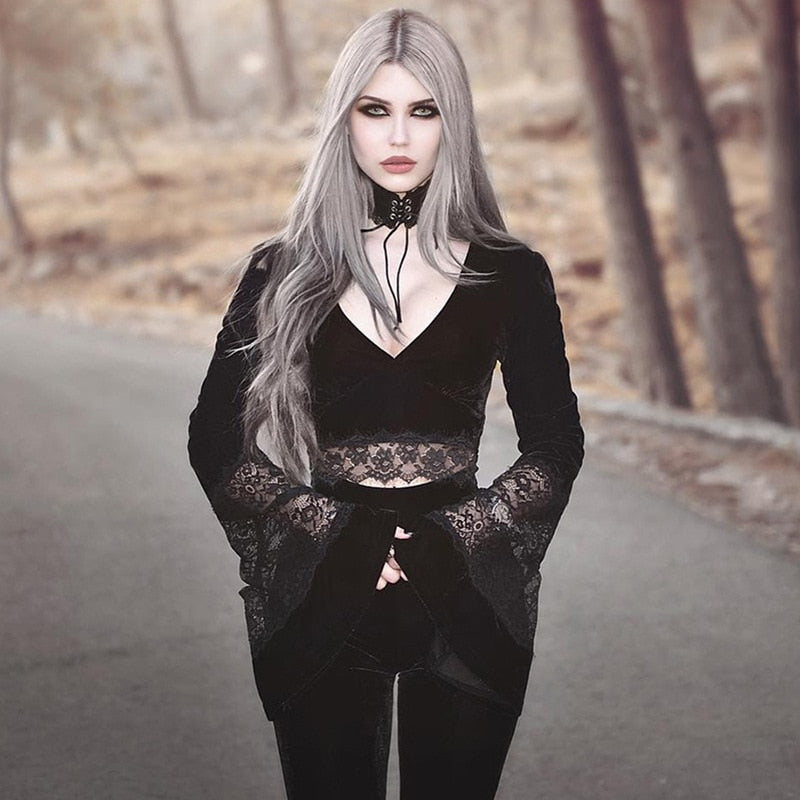 Black Vintage Aesthetic Gothic T-shirt For Women Harajuku Flare Sleeve Fall Halloween Tshirt Cropped Mesh