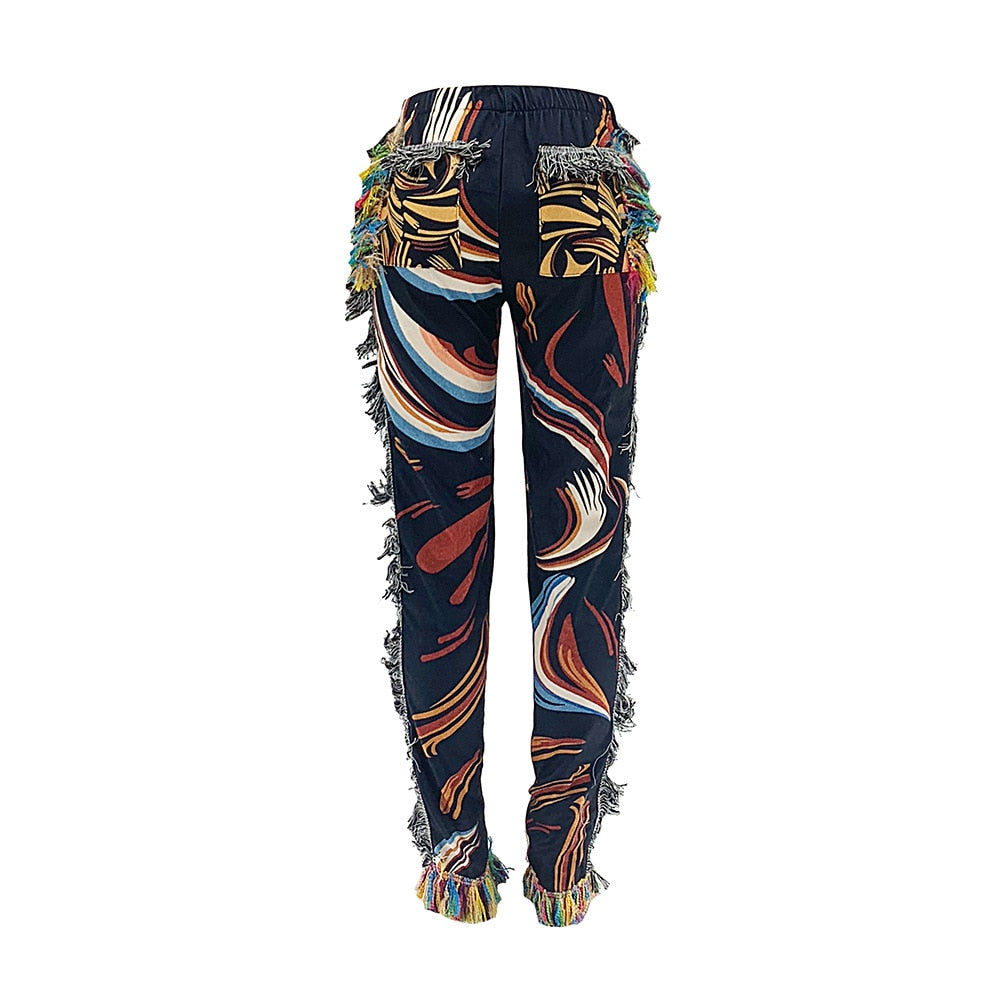 Side Tassels Patchwork Striped Print Jogger Pant Women Rave Festival Clothing Fashion Casual High Waist Bodycon Sweat Pants