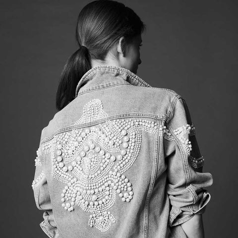 Pearls Embellished Denim Jacket For Women Light Blue Vintage Jacket Coat Bead Embroidery Autumn Winter Outwear