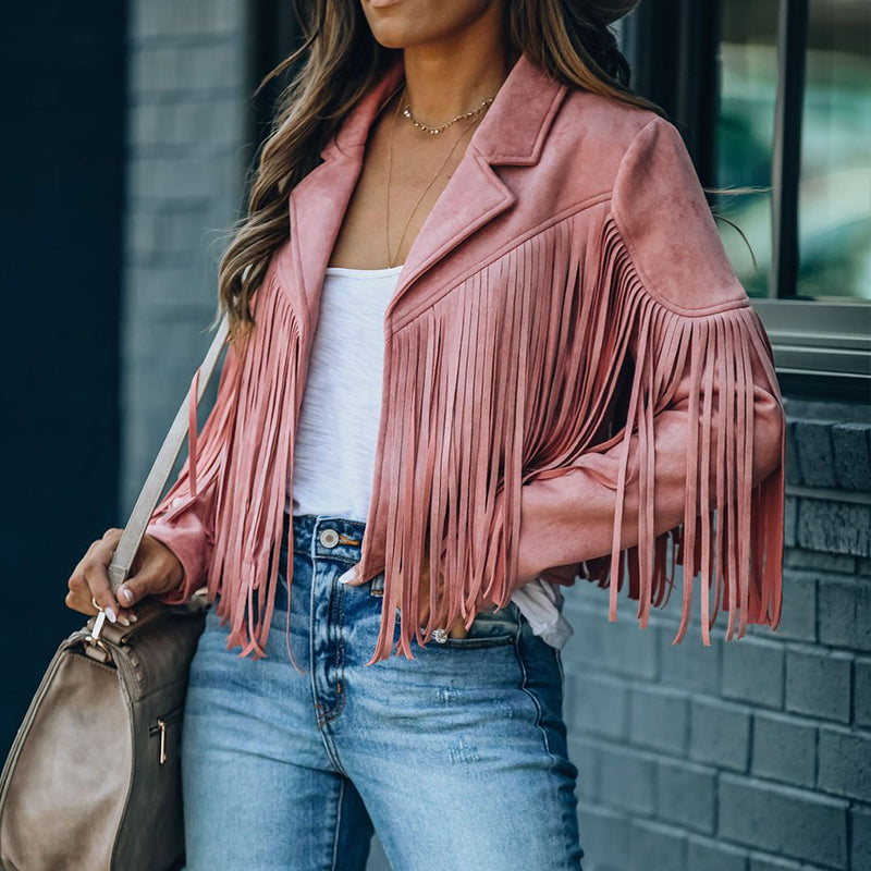 Pbong Fringed Bomber Jacket Women Spring Fashion Long Sleeve Turn-down Collar Open Stitch Slim Jackets