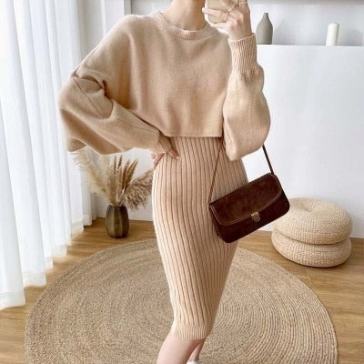 New Fall/Winter Bat Sleeve O-Neck Soft Sweater  + Women's Knitted Vest Long Dress Two-Piece Dress Sets Femme