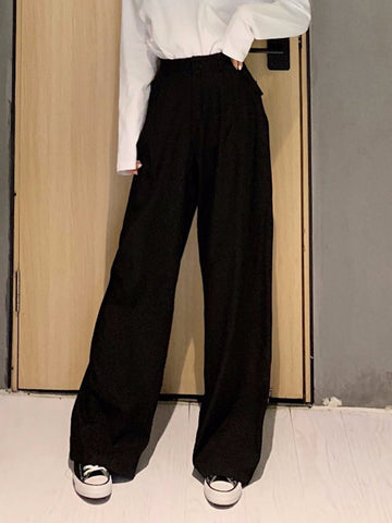 Retro Solid Color Wild Straight Wide Leg Pants Female Spring New Korean Fashion High Waist Casual Long Pants