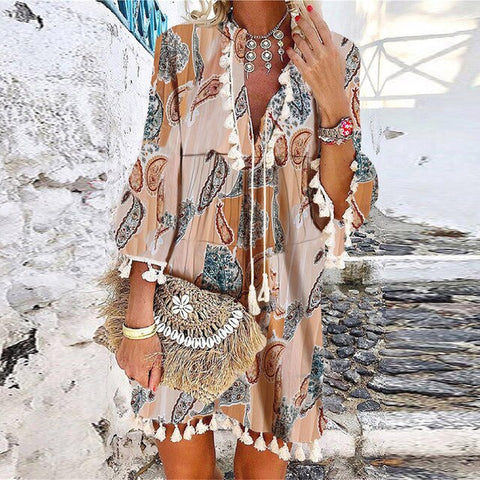 Women Floral Print 3/4 Sleeve Mini Dress Spring V Neck Tassel Vintage Party Dress Casual Loose Summer Beach Dresses Vestido