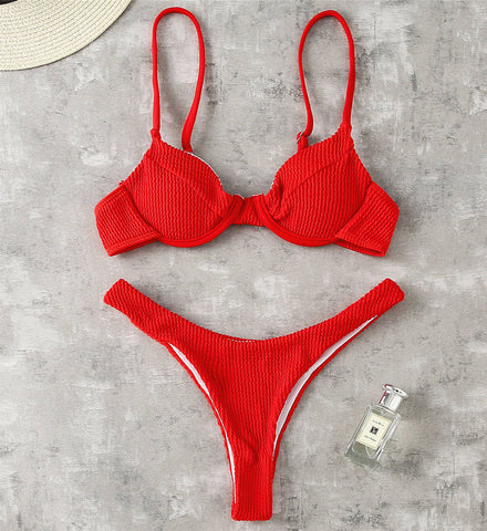 New High Cut Bikini Push Up Swimsuit Female Swimwear Women Summer Solid Bikini set With Bra Cup Bather Bathing Suit Swim Lady