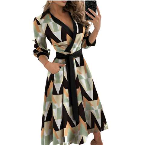 Spring Summer Lady Cover Up Women&  Shirt Dress Wave Print Long Sleeve V-Neck Casual Loose Holiday Midi Dress Plus Size