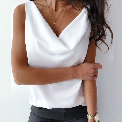 Pbong Silk Blouse Shirt Women Tops Summer High Quality Chain Halter Blouse Shirt Elegant Office Lady Basic Solid Sleeveless Blusa