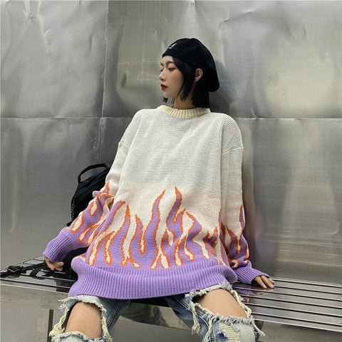 new sweater female hip-hop style flame jacquard women's sweater traf couple pullover knit top loose men's sweater