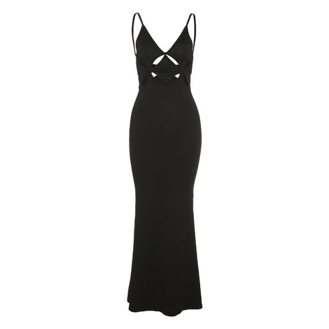 Fashion Long Evening Dress Suspenders Sleeveless Hollow Sexy Low-Cut Slim Elegant Retro Style Beautiful Women Party Wear