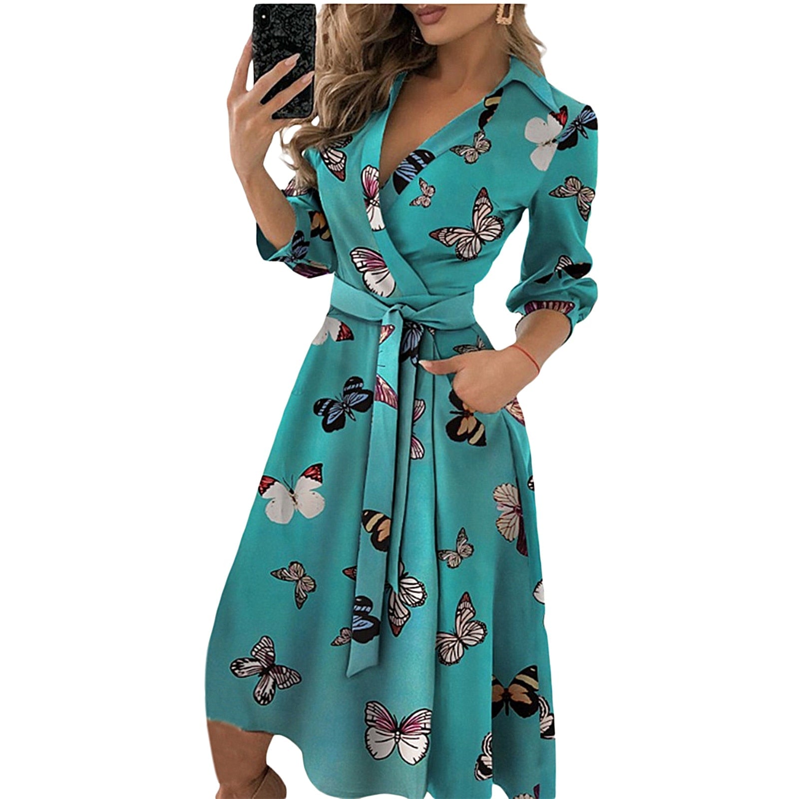 Spring Summer Lady Cover Up Women&  Shirt Dress Wave Print Long Sleeve V-Neck Casual Loose Holiday Midi Dress Plus Size