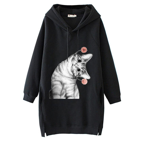 Women Long Hoodie Sweatshirt Pullover Cartoon Print Long Sleeve Splited Pockets Sweatshirt Hoody Pullovers Dress Sudadera Mujer