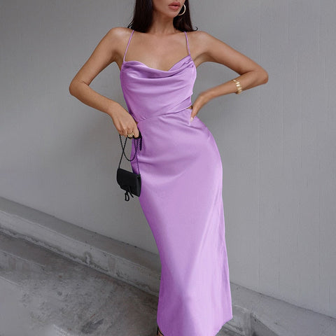 Fashion Backless Satin Slim Maxi Dresses Women New Casual Sleeveless Bandage Dress Female Sexy Party Wear Vestidos