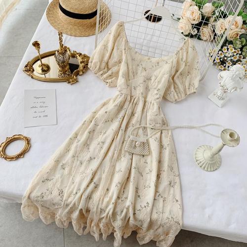 Summer Fairy Dress Women French Style Vintage Retro Chiffon Dress Puff Sleeve Casual Elegant Floral Print Dress Women