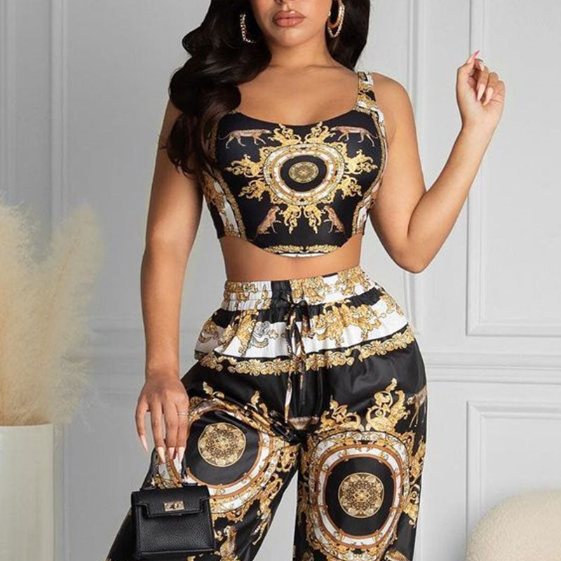 Summer Women Black Clubwear Two Piece Suit Sets Sleeveless Scarf Print Crop Top &amp; High Waist Casual Long Pants Set