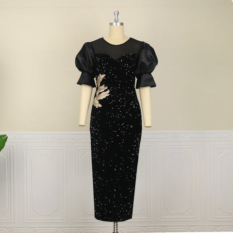 Pbong mid size graduation outfit romantic style teen swag clean girl ideas 90s latina aestheticWomen Black Long Dress Sequined Shiny Glitter Embroidered Chest Wrapped Puff Sleeve Classy Winter Fall Party Celebrity Birthday