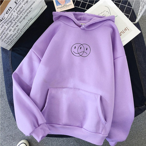 Korean Streetwear Sweatshirt Men Women Casual Pullover Hip Hop Long Sleeve Smile Sad Face Line Print Hoodies Sportswear Tops