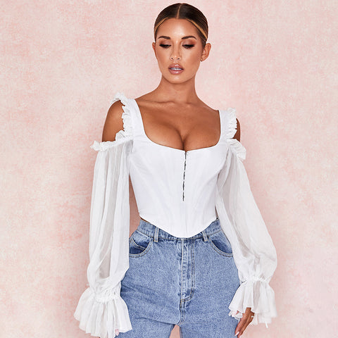 Pbong mid size graduation outfit romantic style teen swag clean girl ideas 90s latina aestheticSexy Women Tops White Spaghetti Strap Off Shoulder Mesh Top Wholesale Ruffle Sleeves Sweet Camis Party Club