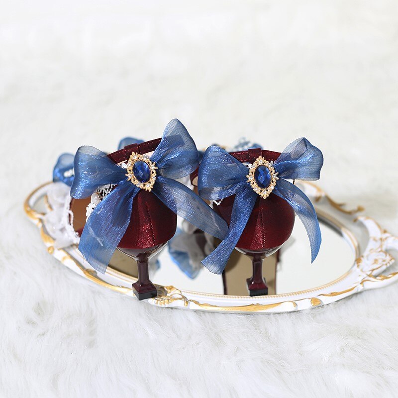 Pphmm Kawaii Tea Party French Sweet Girl Lolita Mid High Heels Vintage Elegant Exquisite Wine Red Loli Bow Anime Cosplay Pointed Toe