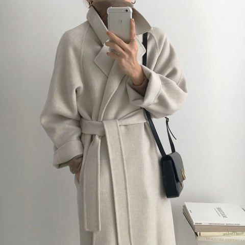 French Lazy Style Warm Female Fresh Winter Classical Belt Retro Loose Women Woolen Coats Chic Casual Long Coat Long