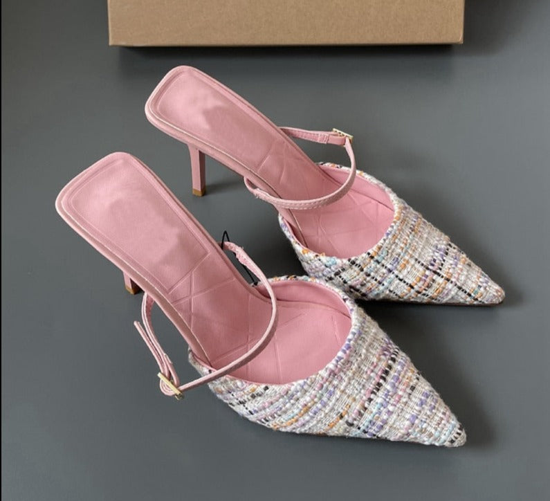 Fashion Brand Women Slipper Thin High Heel Ladies Sandal Shoes Pointed Toe Shallow Slip On Mules Outdoor Slides Mujer