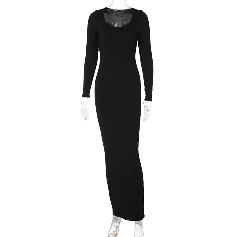 Ribbed Solid Long Sleeve Square Neck Maxi Dress Fall Sexy Evening Party Elegant Vestido Kleider Mit Robe