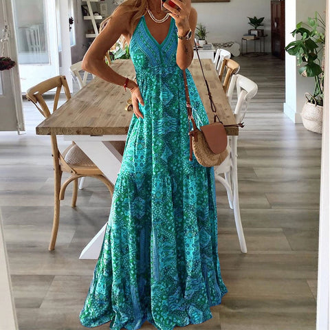 Sexy Women V Neck Party Dresses Vintage Printed Boho Long Dresses Elegant Flying Sleeve Fashion Sexy Slim Maxi Dress Mujer