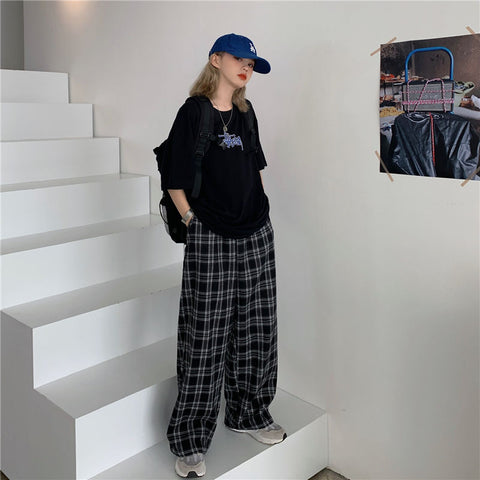 Pants Women New Fashion Plus Size 3XL Black Plaid Retro Harajuku Students Streetwear Full Length Wide Leg Trousers Womens Chic