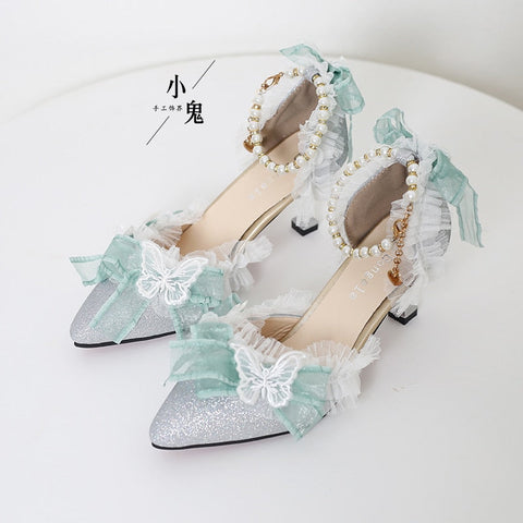 Elegant Lolita Lace High Heels Loli Wedding Dress Shoe Fairy Women Tea Party Butterfly Bow Lolita Sandals Feminine Cosplay Anime