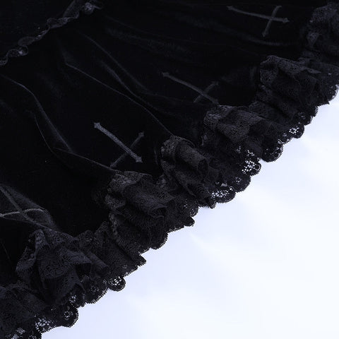 Goth Dark Mall Gothic Aesthetic Velvet Pleated Mini Skirts Women Vintage Harajuku Emo Alt Clothes High Waist Lace Ruffles Skirt