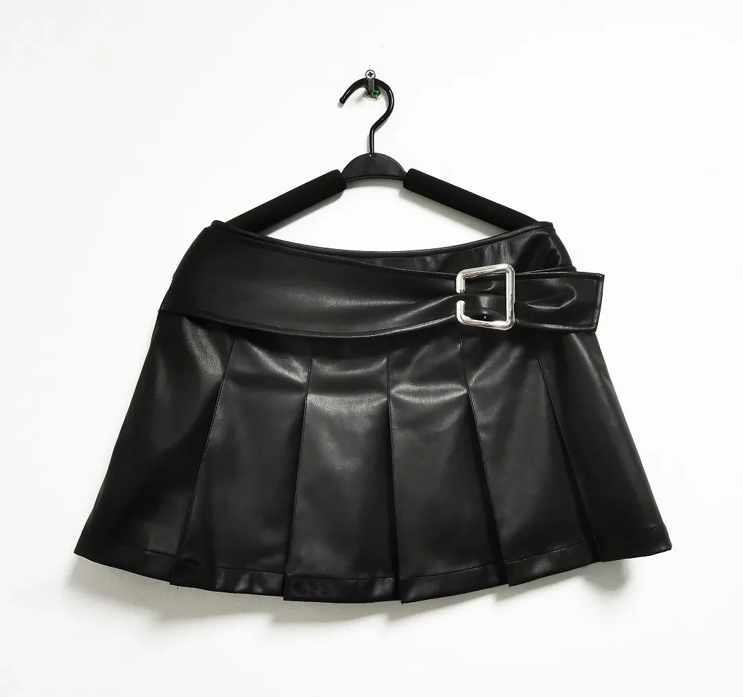 Pbong - Summer New Leather Skirt Korean Fashion All-match High Waist Pleated Sexy Vintage Short Skirt Y2k Black Mini Women's Skirt