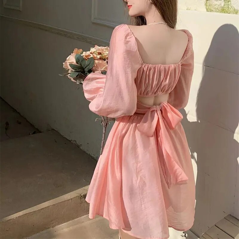 Pink Sweet Elegant Princess Dress Women Casual Korean Slim Long Sleeve Fairy Dress Female Backless Design Vintage Dress