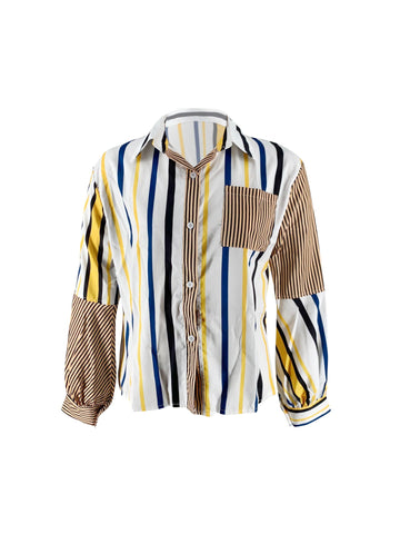 Pbong Women Long Sleeve Button Shirt Striped Patchwork Chic Shirt Blouse