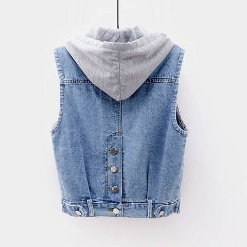 Spring, Summer and Autumn Hooded Denim Vest Women's Short Vest Sleeveless Top