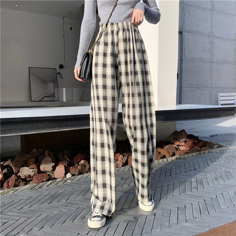 INS Cool Women Baggy Blue Pants Lady Oversized Wide Leg Plaid Slacks Harem Pants Student Autumn Purple Pink Long Flare Trousers