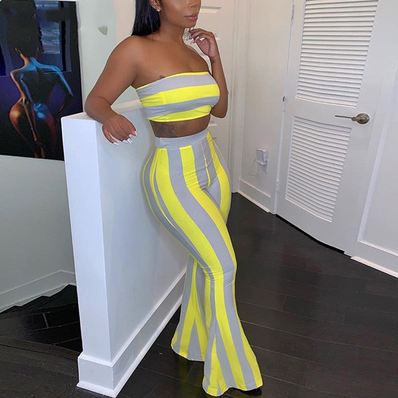 Women Striped 2 piece set Women Outfits Crop Top Pants two pieces sets Summer Clothes for Female Sexy women's suit