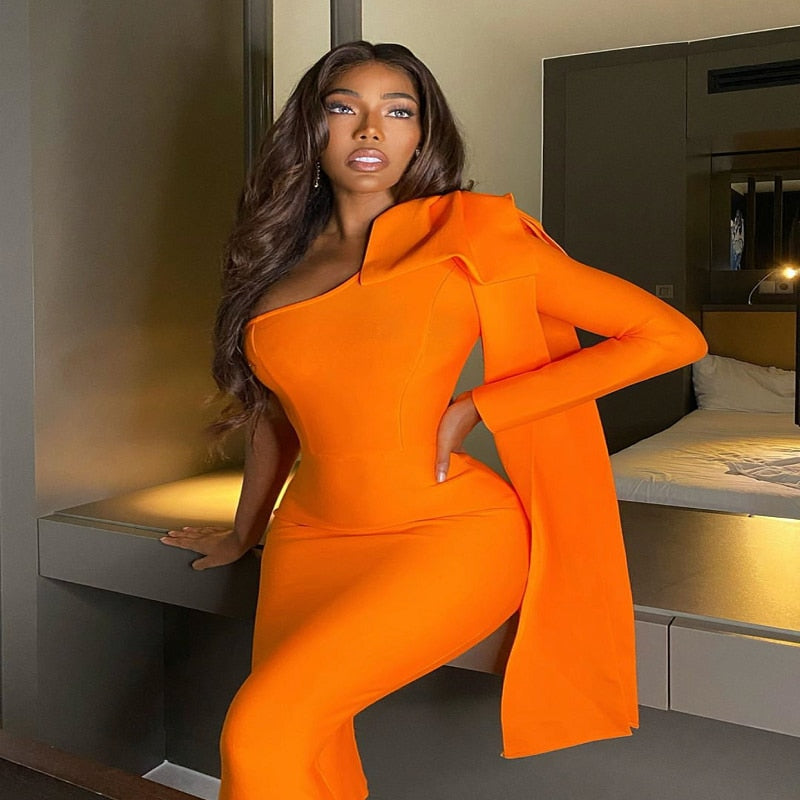 High Quality Blue Orange Runway Bownot One Shoulder Long Sleeve Rayon Bandage Dress Cocktail Party Bodycon Dress Vestidos