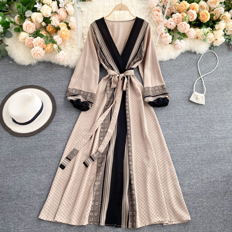 Spring Autumn Women Printed Long Dress Vintage Puff Long Sleeve High Waist A-Line Vestidos Female  New Fashion Beach Robe