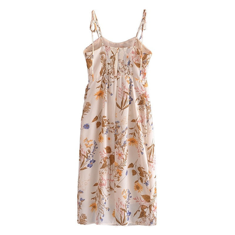 Vintage France Floral Print Adjust Lacing up Spaghetti Strap Midi Dress Sexy Women Elastic Back Hem Split Sling Dresses