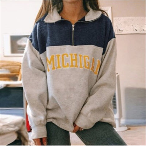 Women Letter Printed Sweatshirts Stand Collar Half Zipper Long Sleeve Pullovers Autumn Winter Casual Loose Outwear Sweatshirts