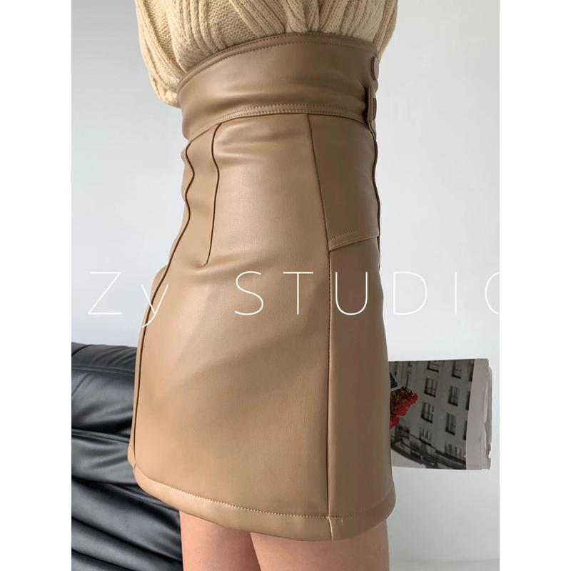 Autumn winter short PU leather skirt women Japanese black high waist pocket pleated JK skirt girls Harajuku style mini skirt