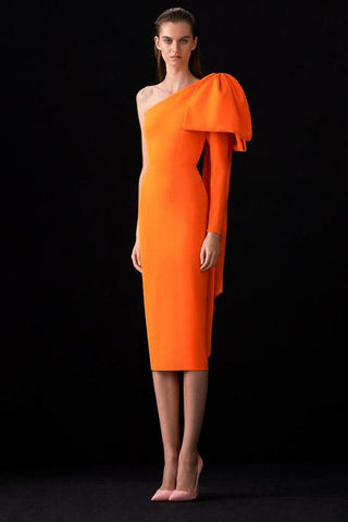 High Quality Blue Orange Runway Bownot One Shoulder Long Sleeve Rayon Bandage Dress Cocktail Party Bodycon Dress Vestidos